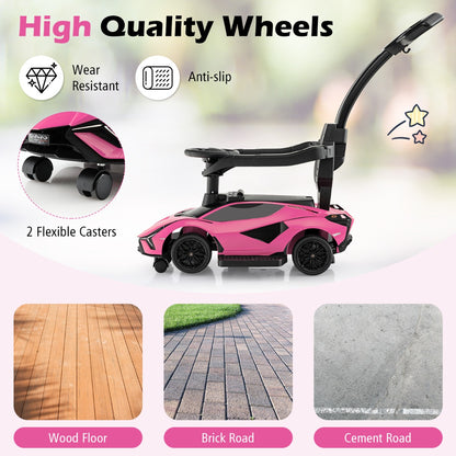 The pink ride on push car with wheels shown on different surfaces