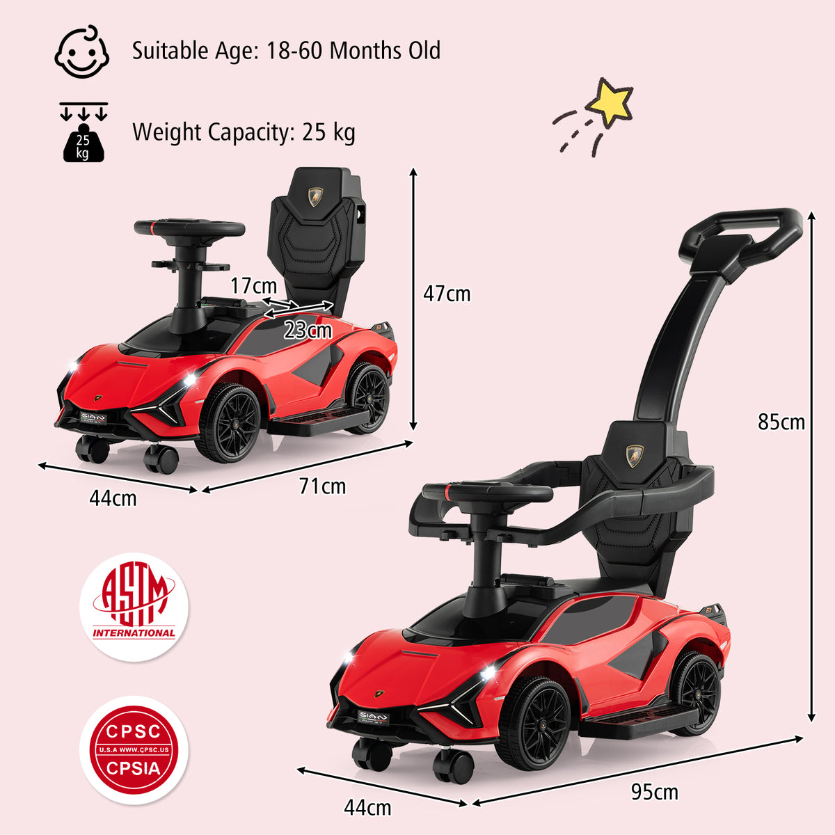 Dimensions of the red kids electric car with push handle