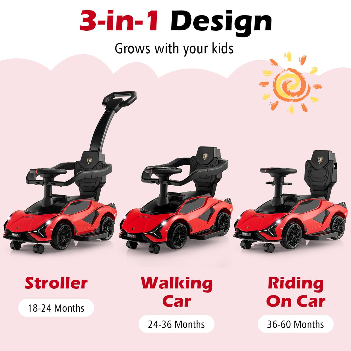 Three stages of the red ride on push car: stroller, walking car, and riding car