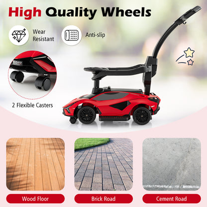 The red ride on push car shown on wood, brick, and cement surfaces
