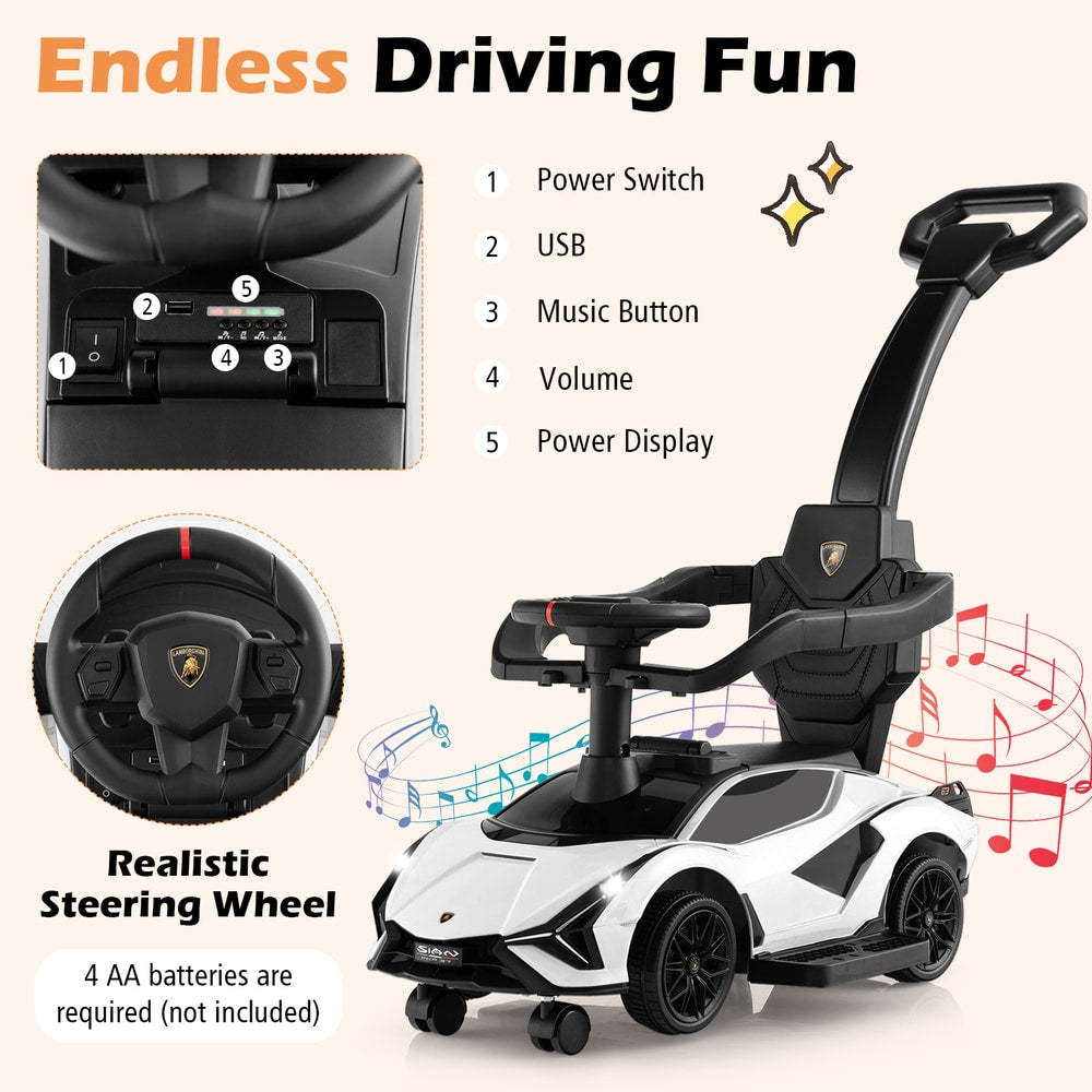 Close up of the steering wheel and control panel of the white 3-in-1 ride on push car