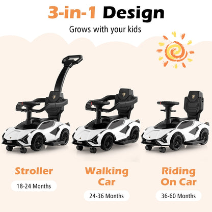 Three modes of the white 3-in-1 ride on push car: stroller, walker, rider