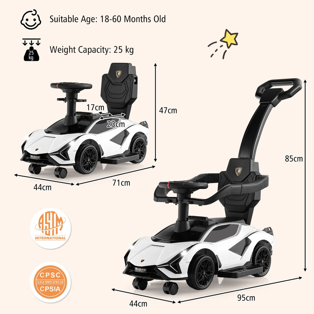Size guide for the white 3-in-1 ride on push car with dimensions