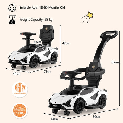 Size guide for the white 3-in-1 ride on push car with dimensions