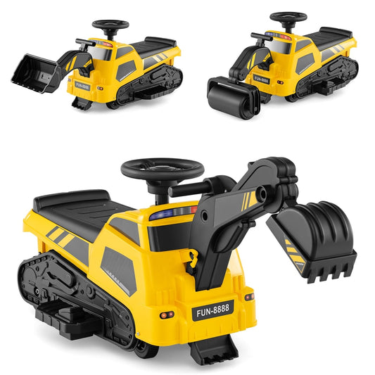 3-in-1 Ride on Tractor Electric Excavator Bulldozer Roller shown with two different front attachments