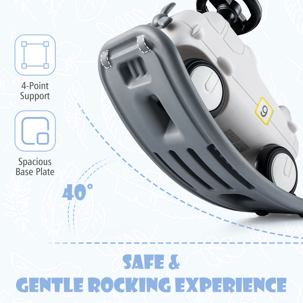 Close up of the grey base of the ride on toy showing its rocking feature