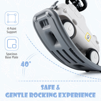 Close up of the grey base of the ride on toy showing its rocking feature
