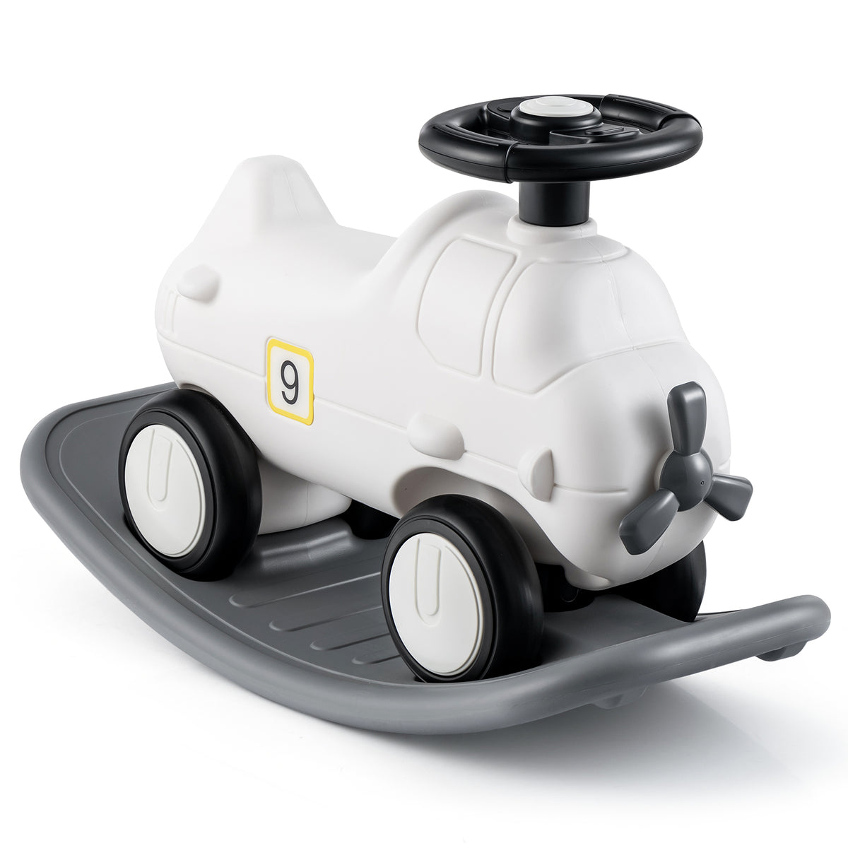 3-in-1 Rocking Horse and Sliding Car in white with a grey rocking base