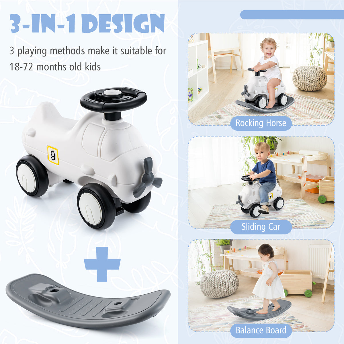 Three play modes of the 3-in-1 rocking horse and sliding car: rocking horse, sliding car, and balance board