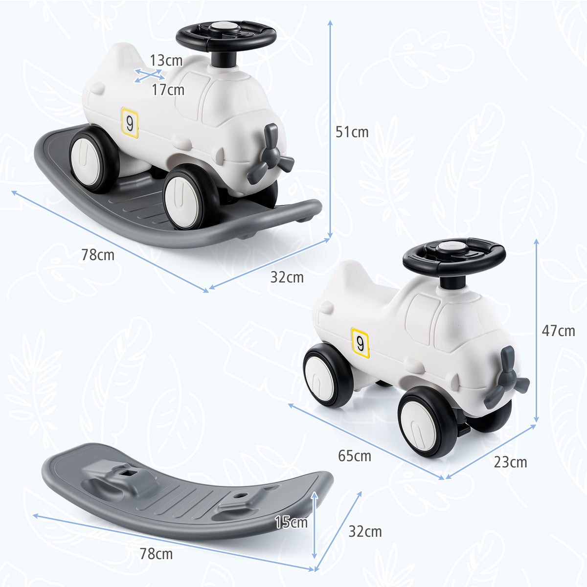 Dimensions of the white rocking horse and sliding car and its base
