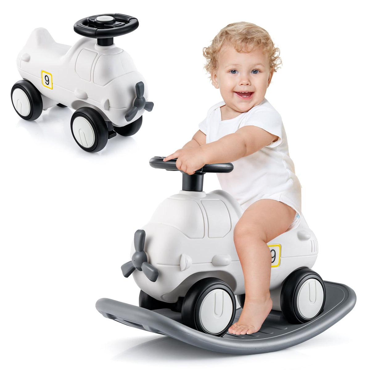 White rocking horse and sliding car with a baby and a toddler