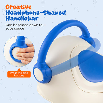 Close up of the blue handlebar on the rocking horse toy, showing how it folds down