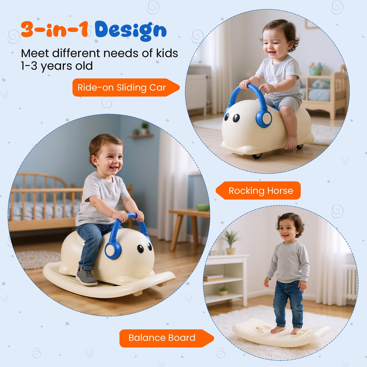 Three modes of play for the blue and cream rocking horse toy: ride-on car, rocking horse, and balance board