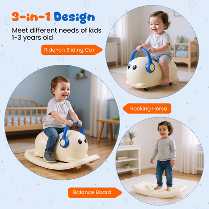Three modes of play for the blue and cream rocking horse toy: ride-on car, rocking horse, and balance board