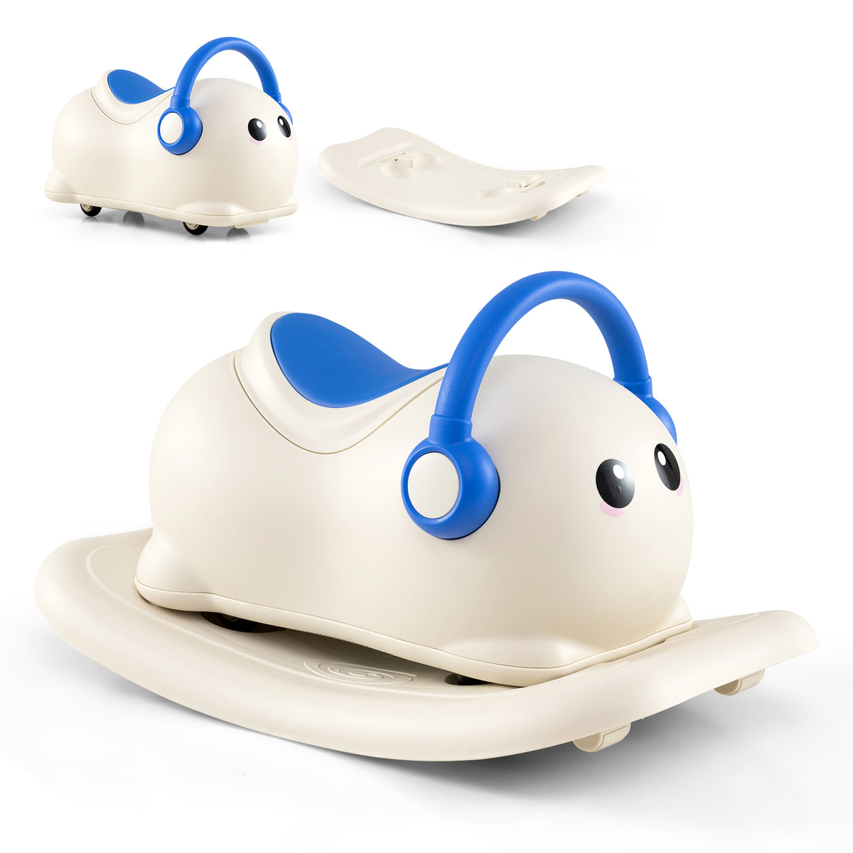 Blue and cream rocking horse toy with wheels and detachable rocking base