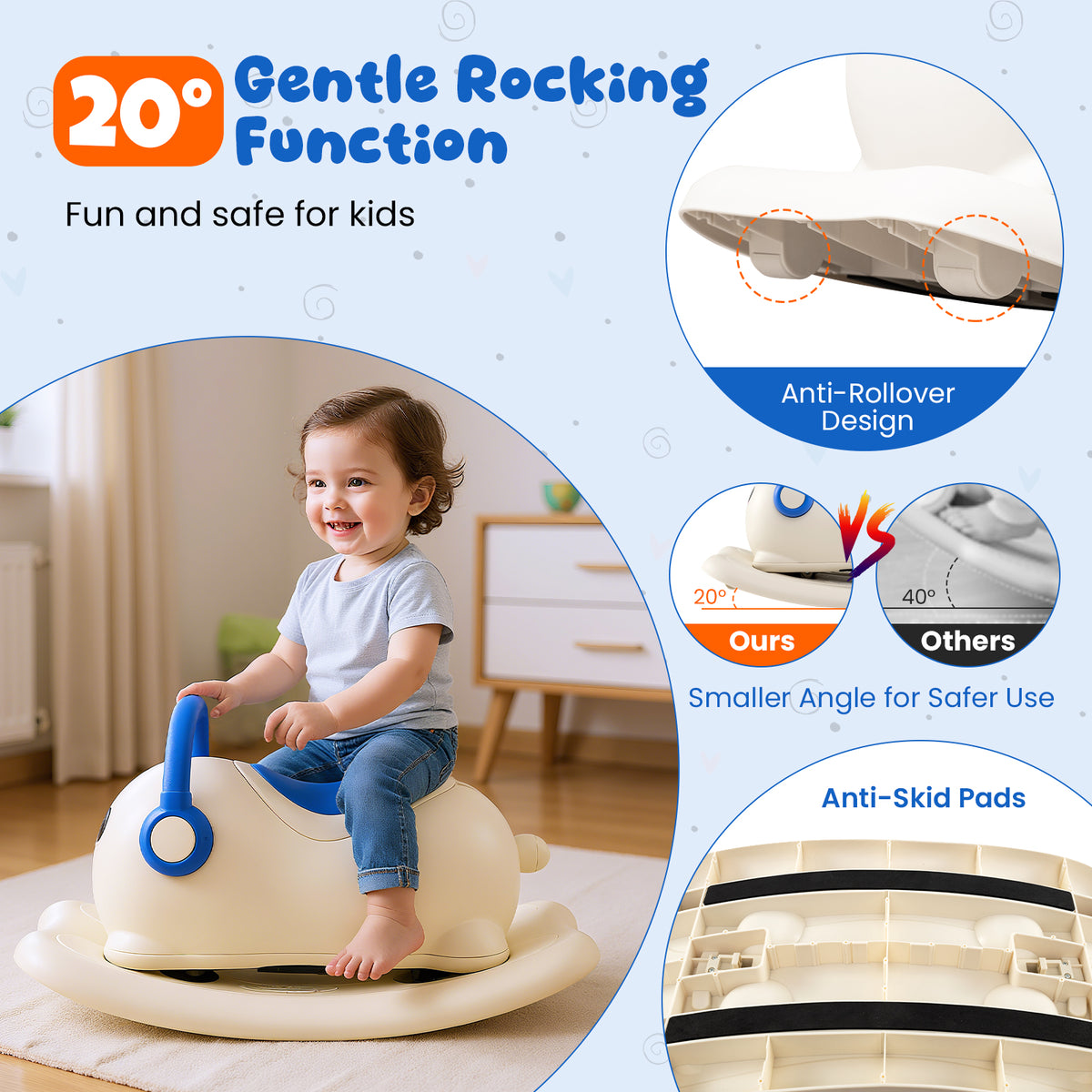 Close up of the anti-rollover design and anti-skid pads on the rocking horse toy