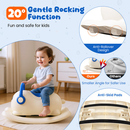 Close up of the anti-rollover design and anti-skid pads on the rocking horse toy