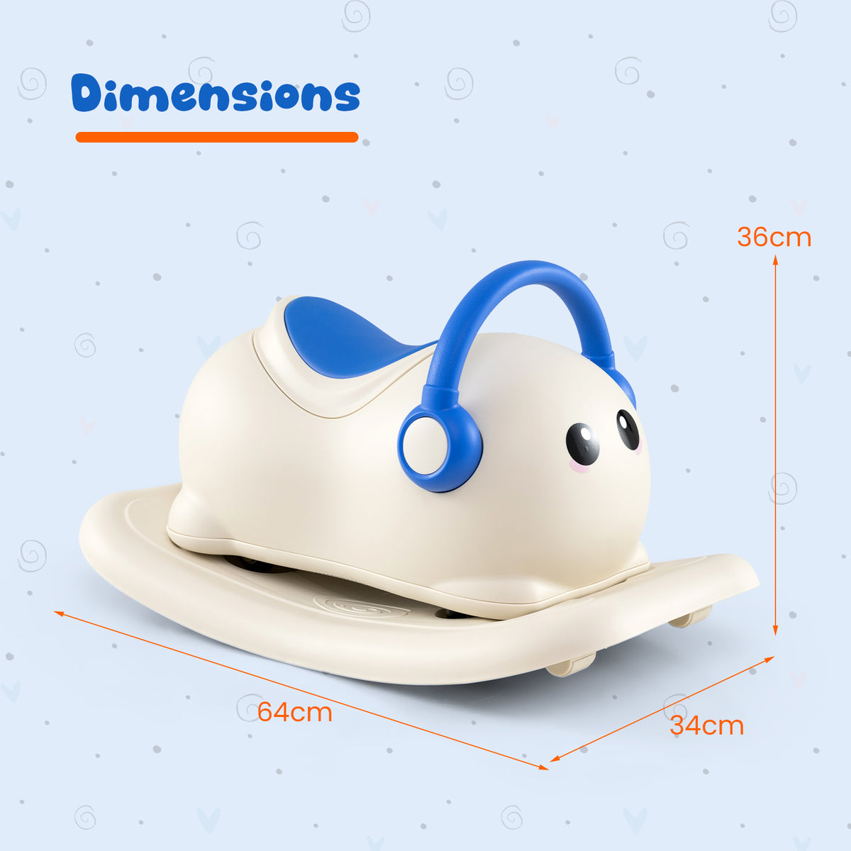 Blue and cream rocking horse toy with dimensions shown
