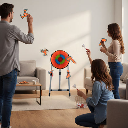 Adults and children playing the throwing target set in a living room