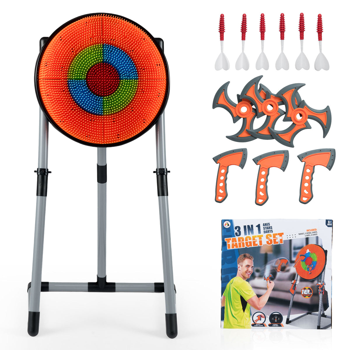 The lawn game with its accessories laid out separately