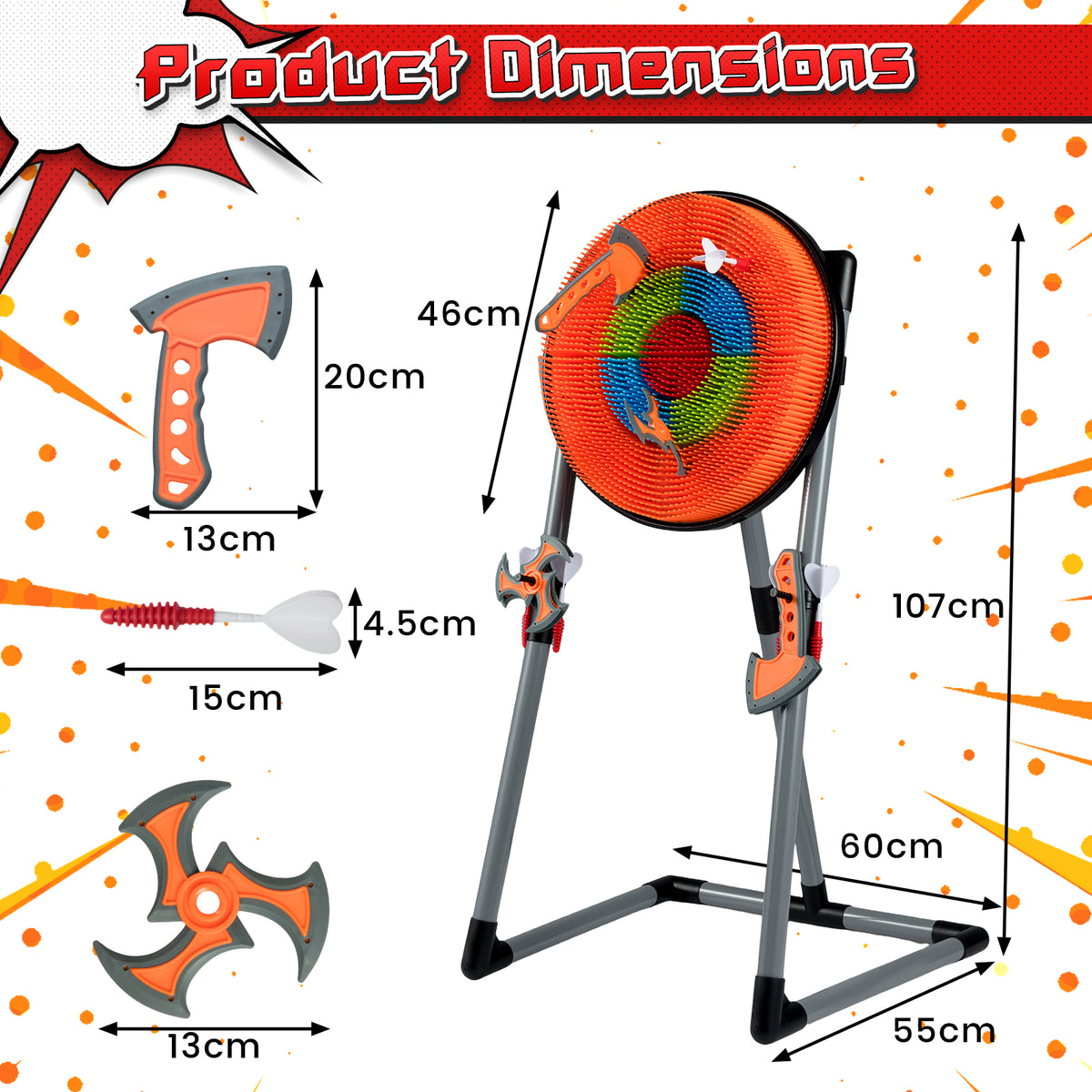 Product dimensions diagram for the carnival games set