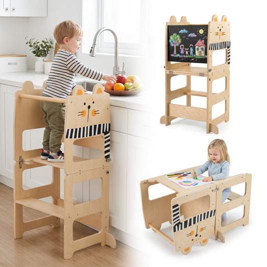 The wooden learning tower shown in use at a kitchen counter and as a small desk for drawing