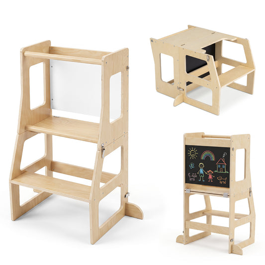 3-in-1 Toddler Standing Tower with blackboard and anti-falling solid wood rod in natural finish