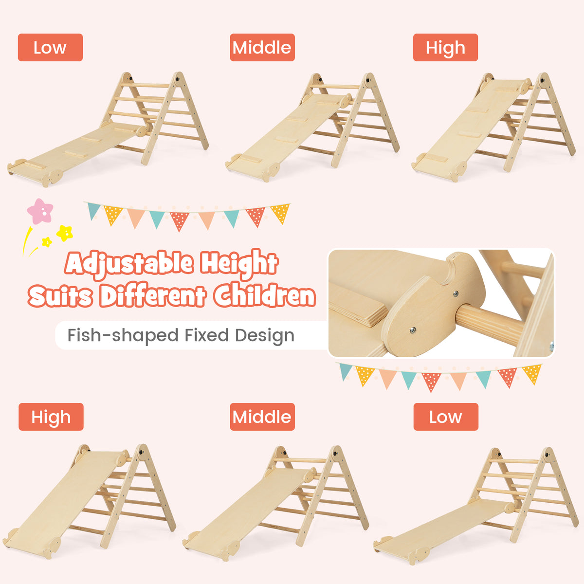 Diagram showing the adjustable height settings for the climbing frame ramp