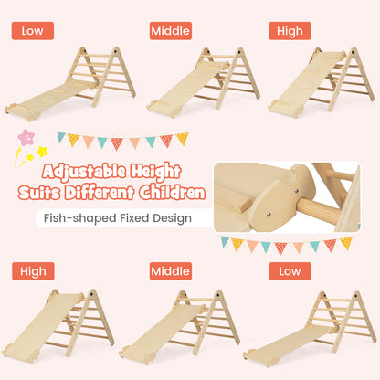 Diagram showing the adjustable height settings for the climbing frame ramp