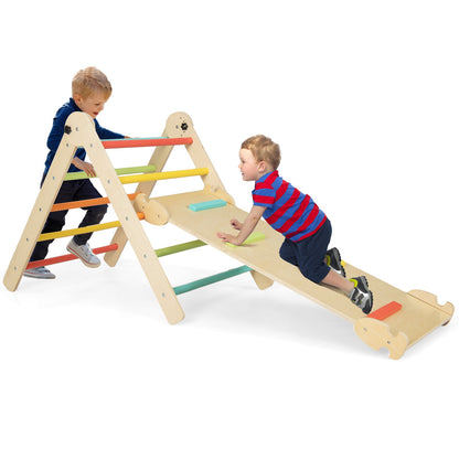 3-in-1 Triangular Climbing Toys with two children playing on the wooden frame and ramp