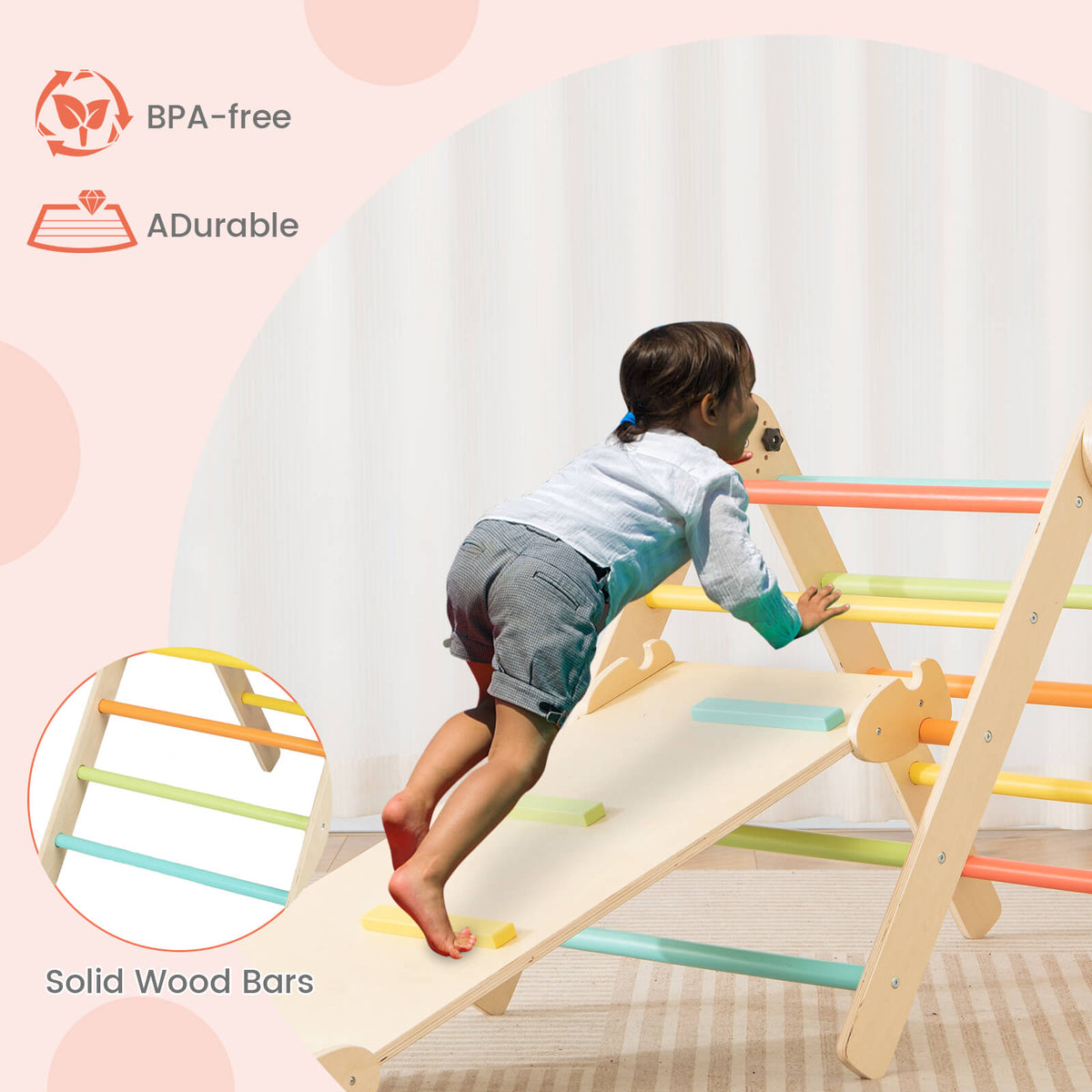 the wooden climbing frame with a child climbing the ramp and a close-up of the solid wood bars
