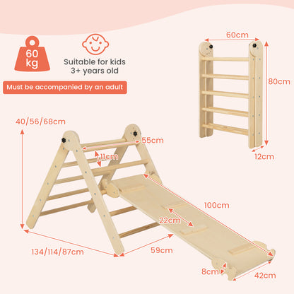 Size diagram showing the dimensions of the assembled climbing frame and slide