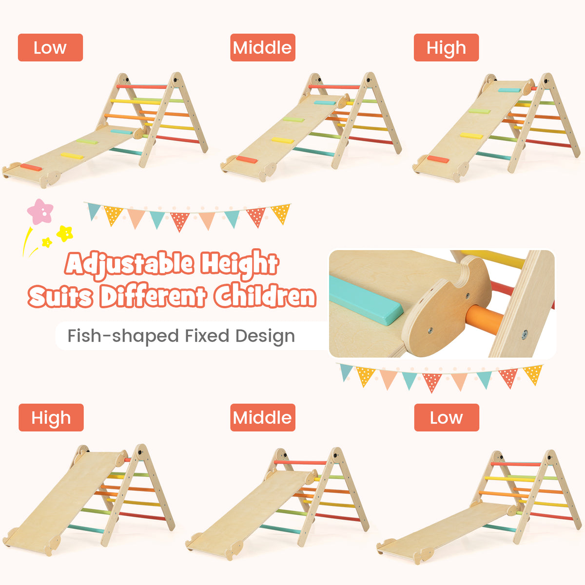 the wooden climbing frame displayed in different height configurations for growing children