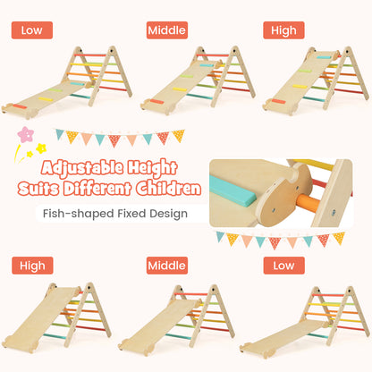 the wooden climbing frame displayed in different height configurations for growing children