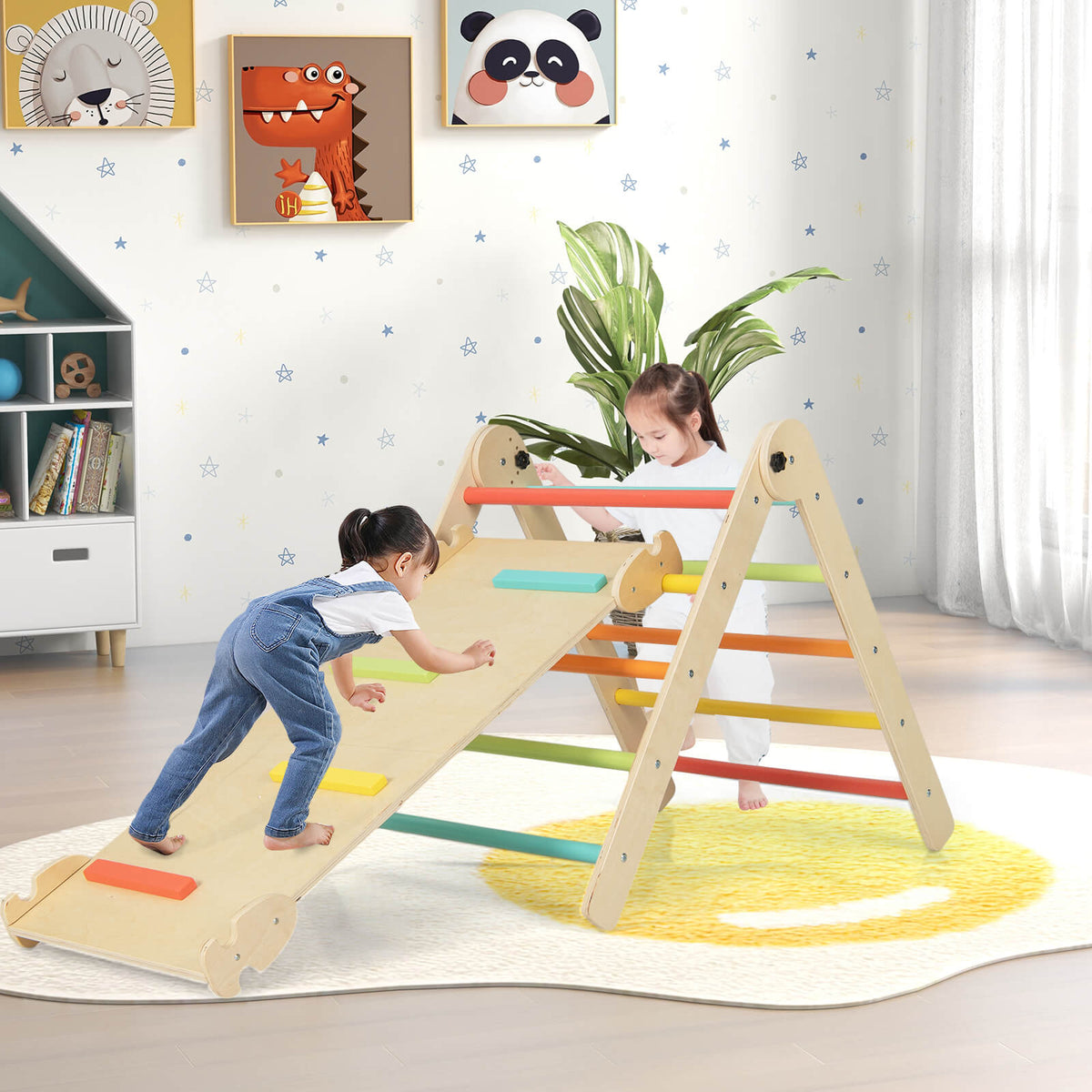 the climbing frame set positioned on a rug in a bright child bedroom with wall decorations