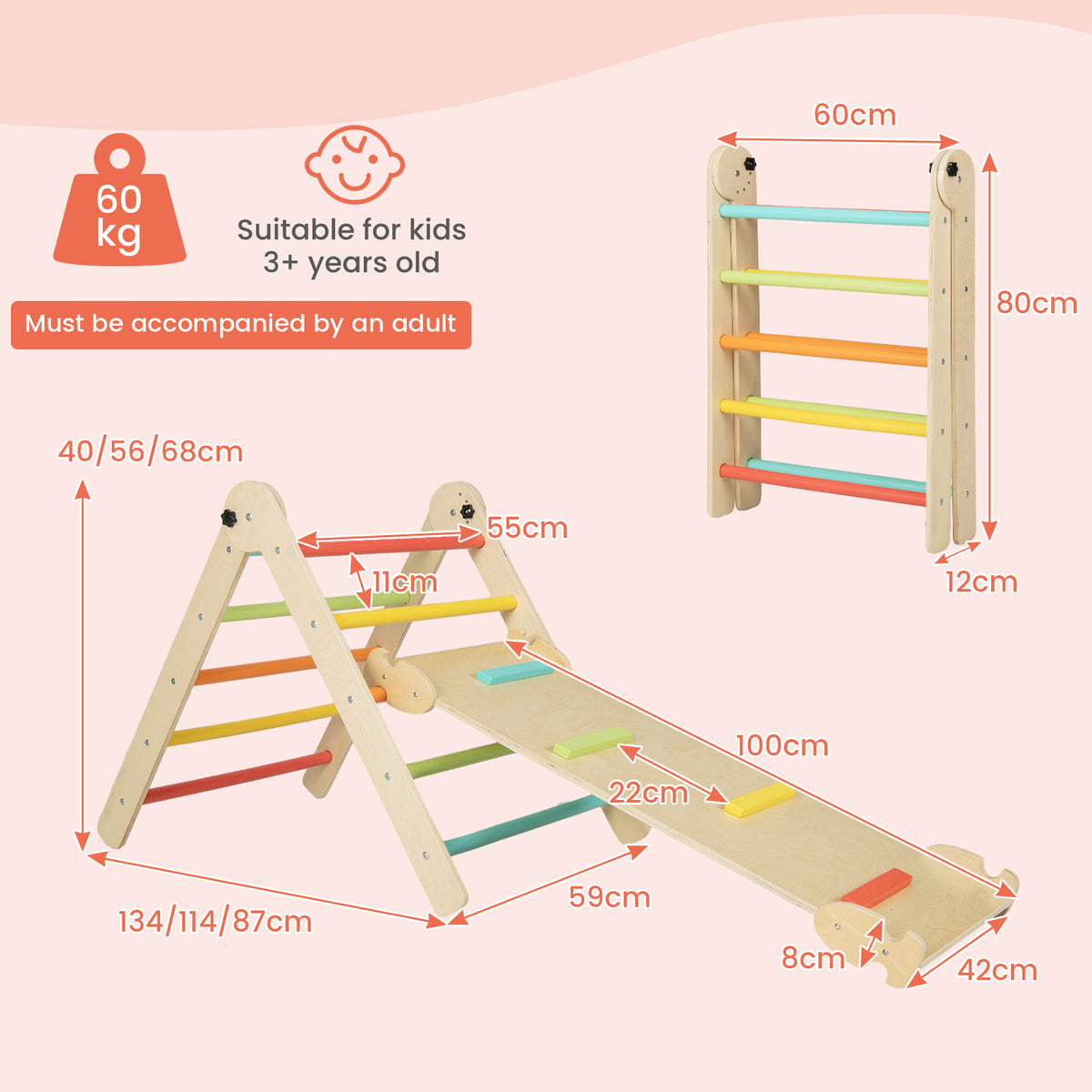 the wooden climbing frame shown with various dimensions and technical measurements in a diagram