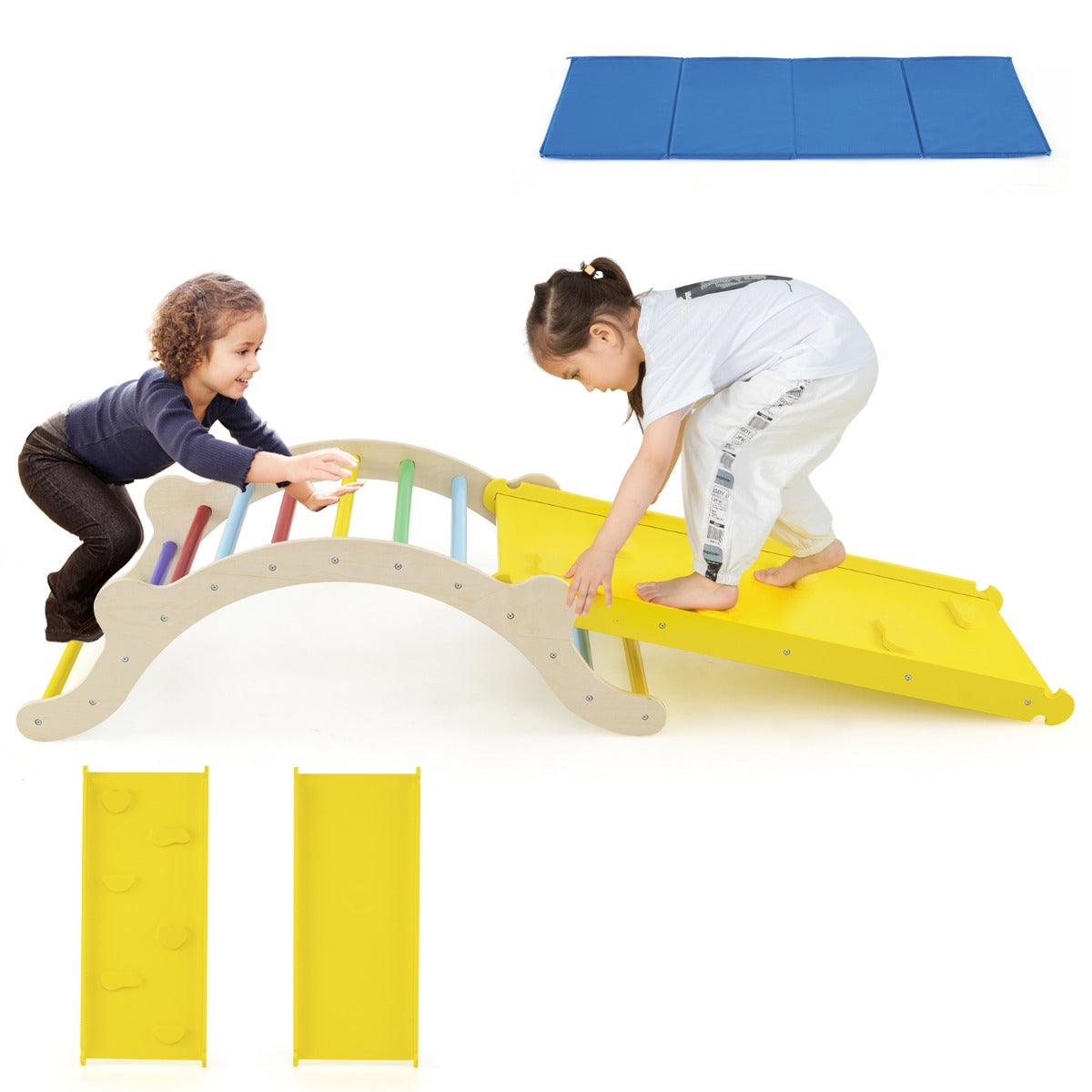 3-In-1 Wooden Climber with Ramp Toddler Climber Arch with two children playing on it and a blue mat above