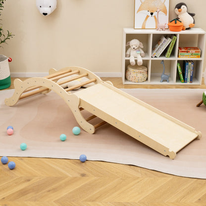 The wooden climbing frame set up as a slide indoors on a rug