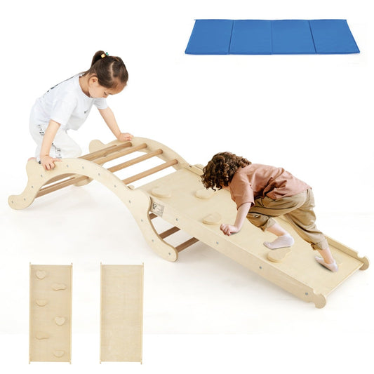 3-In-1 Wooden Climber with Ramp Toddler Climber Arch in natural wood with two children playing