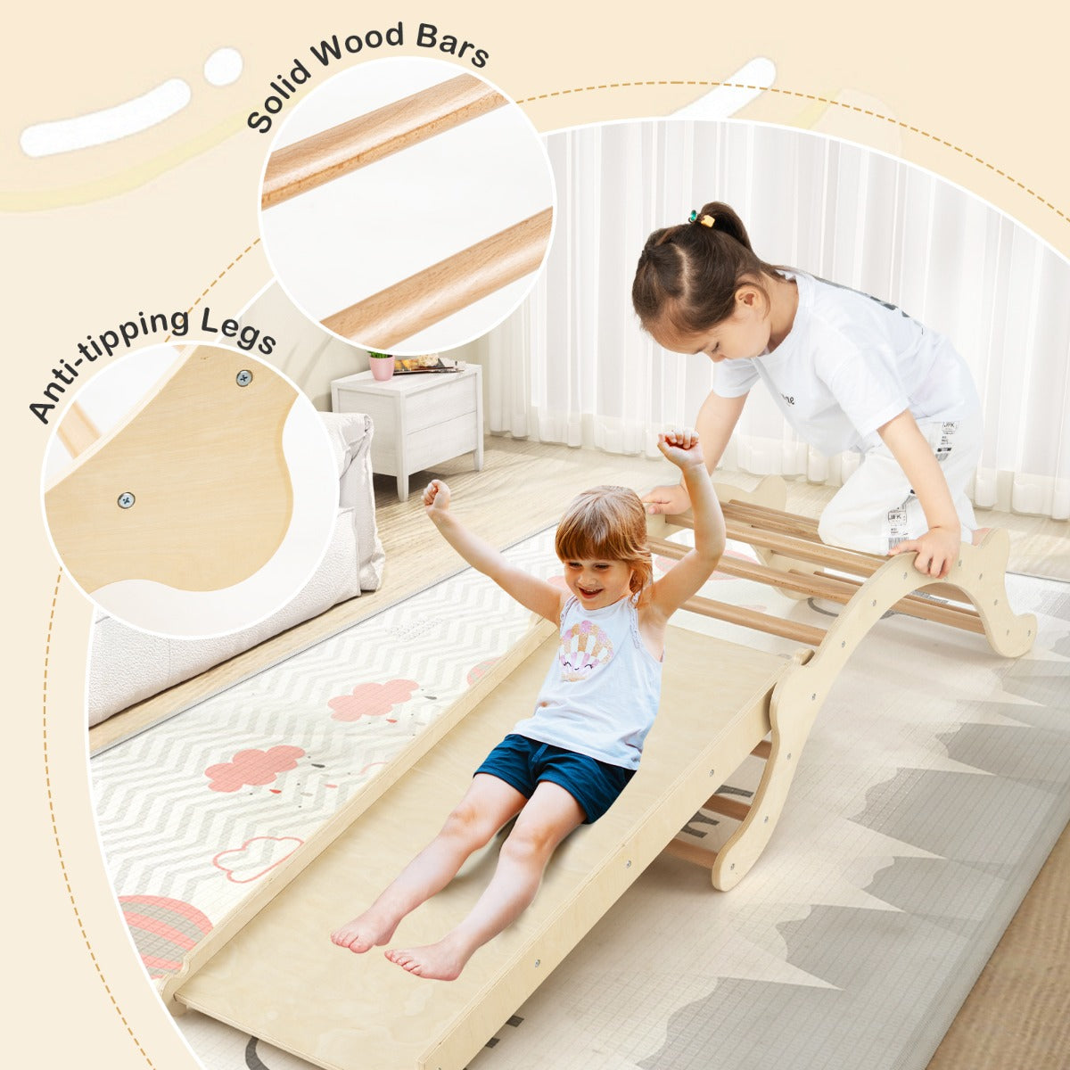 Close up of the solid wood bars and anti-tipping legs of the toddler climber