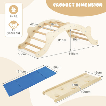 The wooden climbing arch with a blue mat and climbing board shown with dimensions