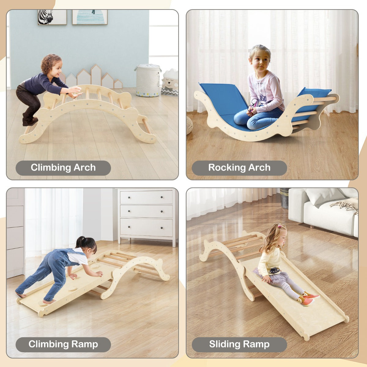 Four different ways to use the wooden climbing arch: climbing, rocking, and two slide options