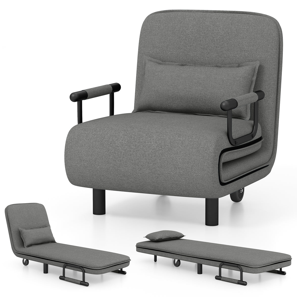 3-in-1 Convertible Sofa Bed with 5-Position Adjustable Backrest-Grey