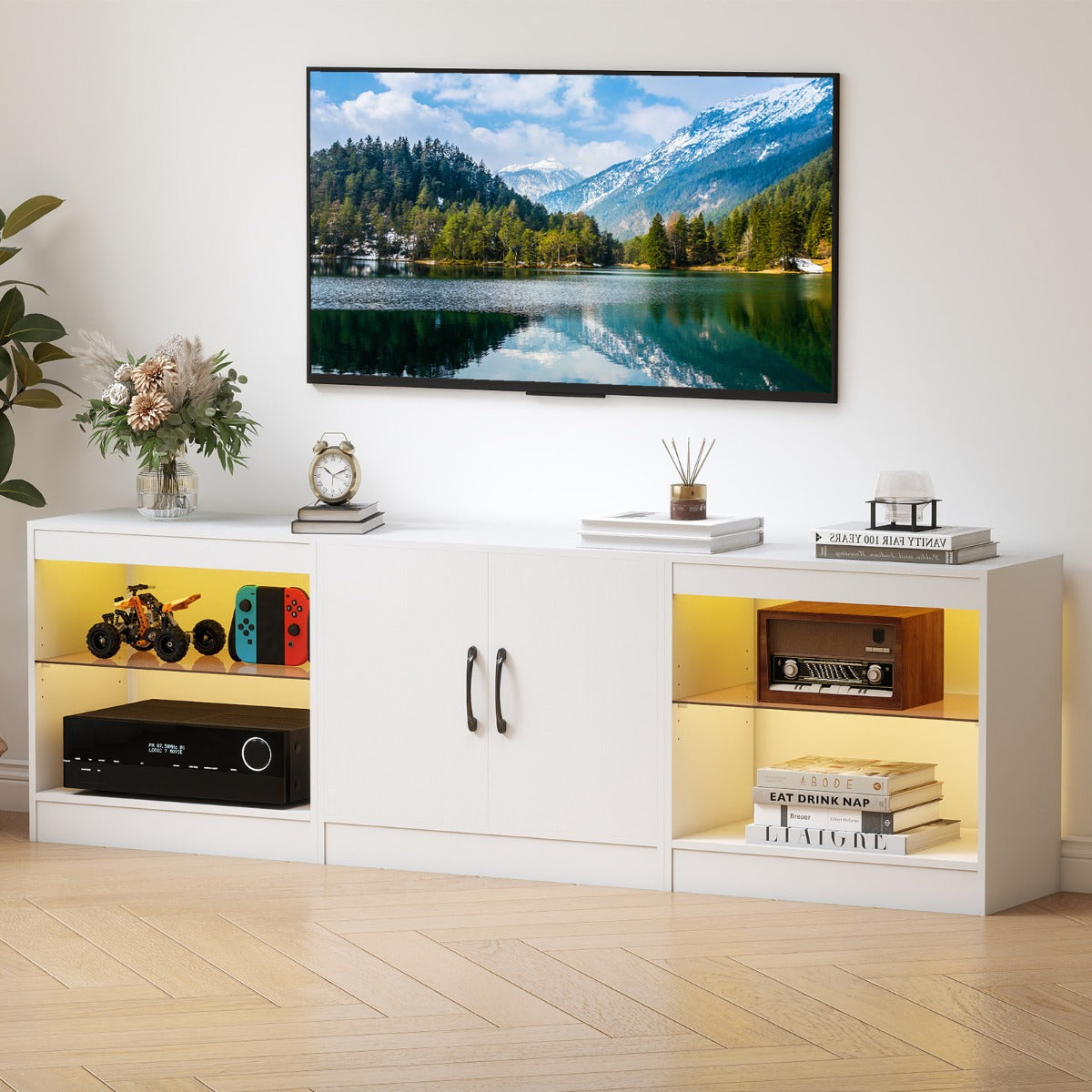 3-in-1 Entertainment Center with Adjustable Glass Shelves-White