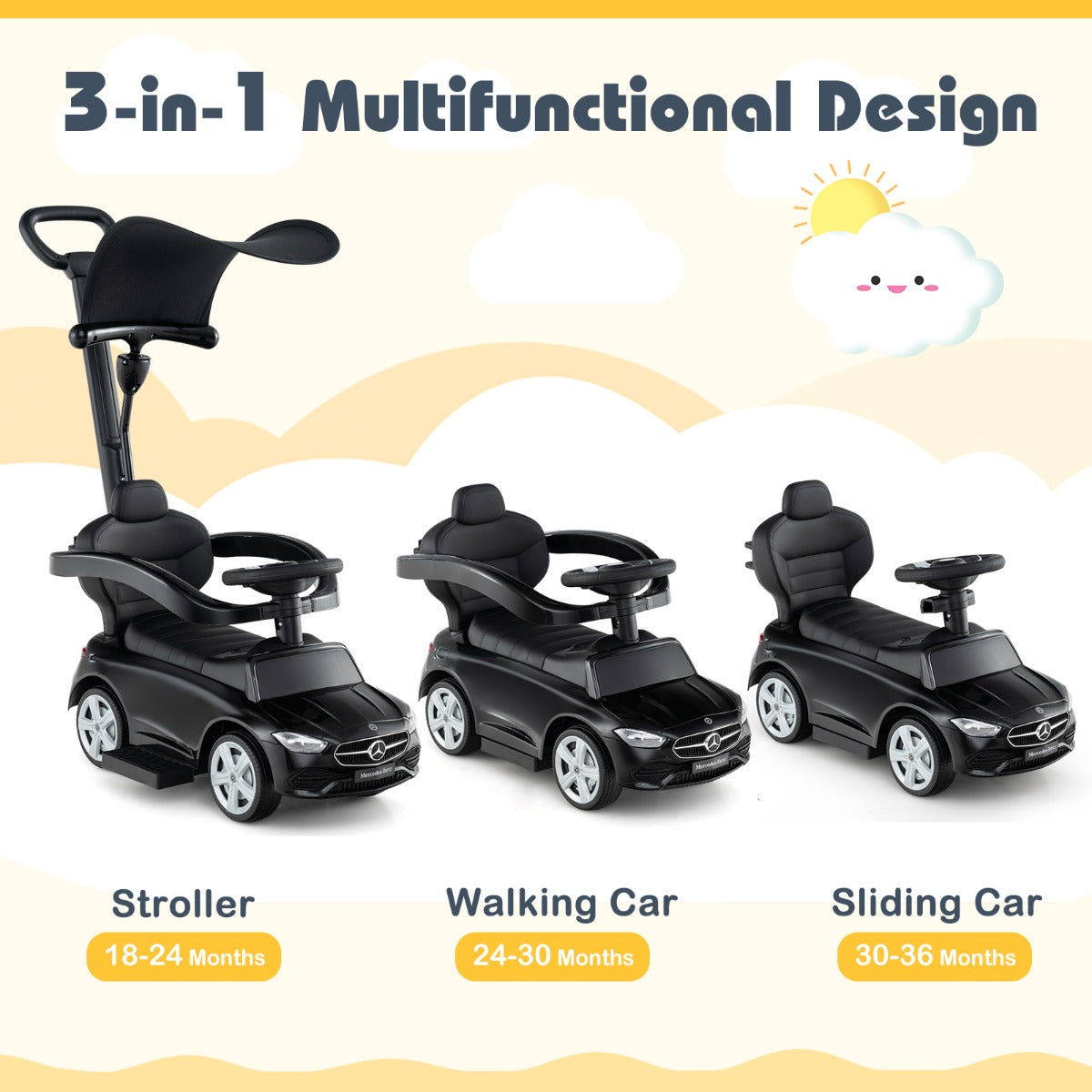 Three modes of the black ride on push car: stroller, walking car, sliding car