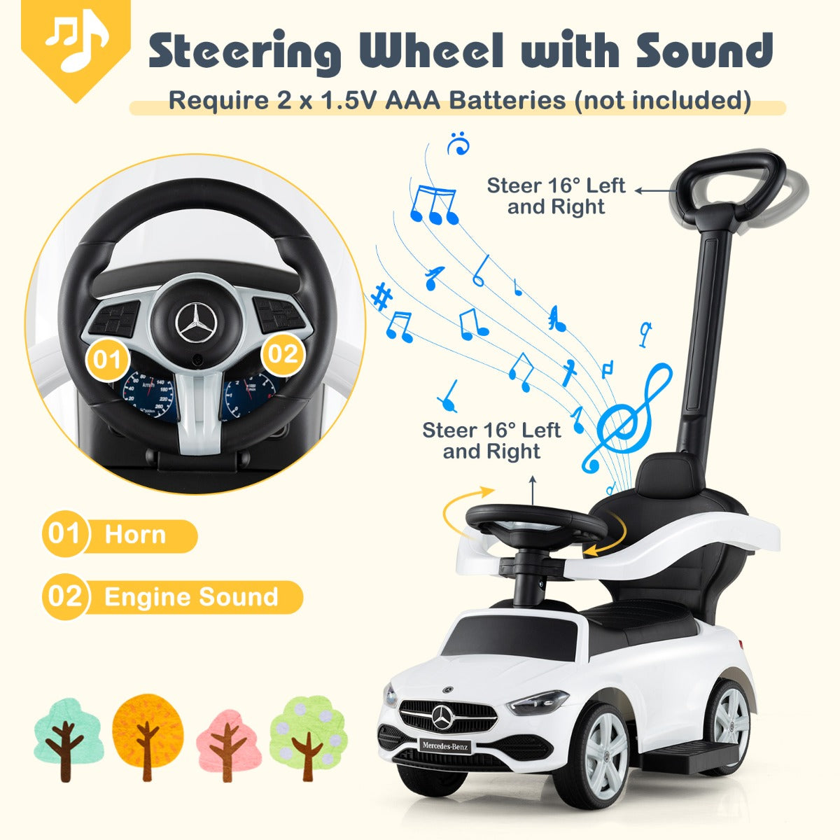 3-in-1 Ride on Push Car in White