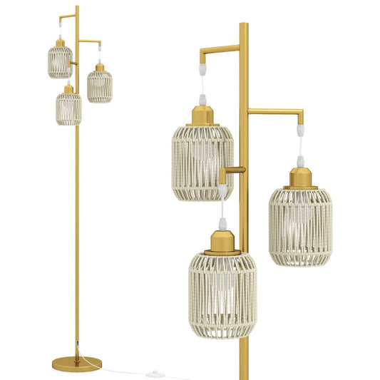 3-Light Floor Lamp with golden stand and three hanging woven paper lampshades