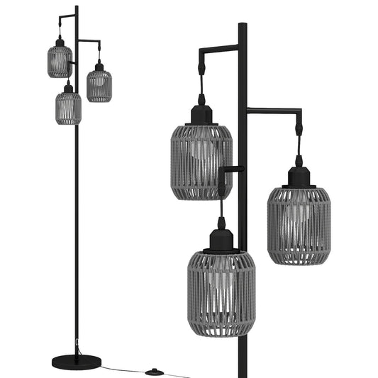 3-Light Floor Lamp with three boho paper woven lampshades and a weighted black base