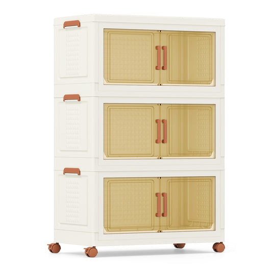 3-Pack Stackable Plastic 210L Collapsible Storage Bins with Lids in white with amber doors