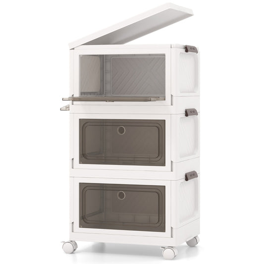 3-Pack Stackable Storage Bins with lockable wheels in white